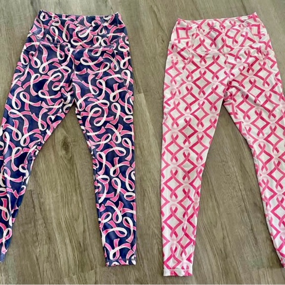 Crown & Ivy Pink and Blue Patterned Leggings breast cancer awareness set of 2 - Picture 1 of 3